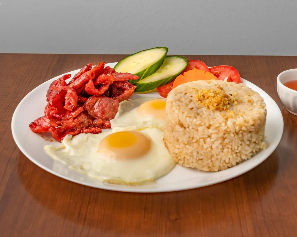 Tocilog, sweet tocino with garlic fried rice and eggs at Sagana Foods, Filipino restaurant in Calgary, AB